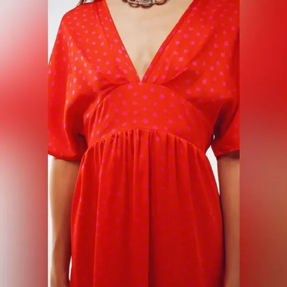 Q2 MAXI CINCHED AT THE WAIST DRESS WITH ANGEL SLEEVES IN RED POLKA size S - Picture 9 of 11